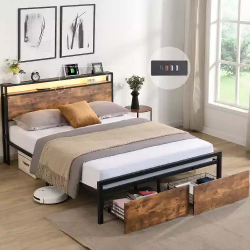 Full Size Metal Bed Frame with Storage, LED Lights, Charging, No Box Spring