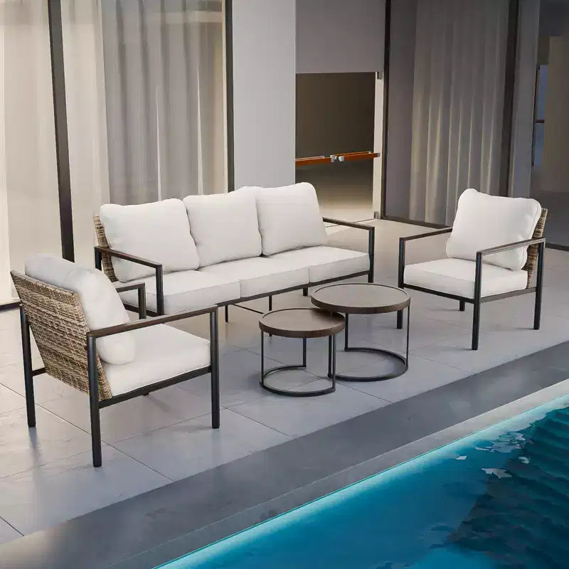 EAGLE PEAK Sunset Dune 5 Piece Collection Modern Outdoor Furniture Set, Patio Wicker Wood Grain Lounge Set