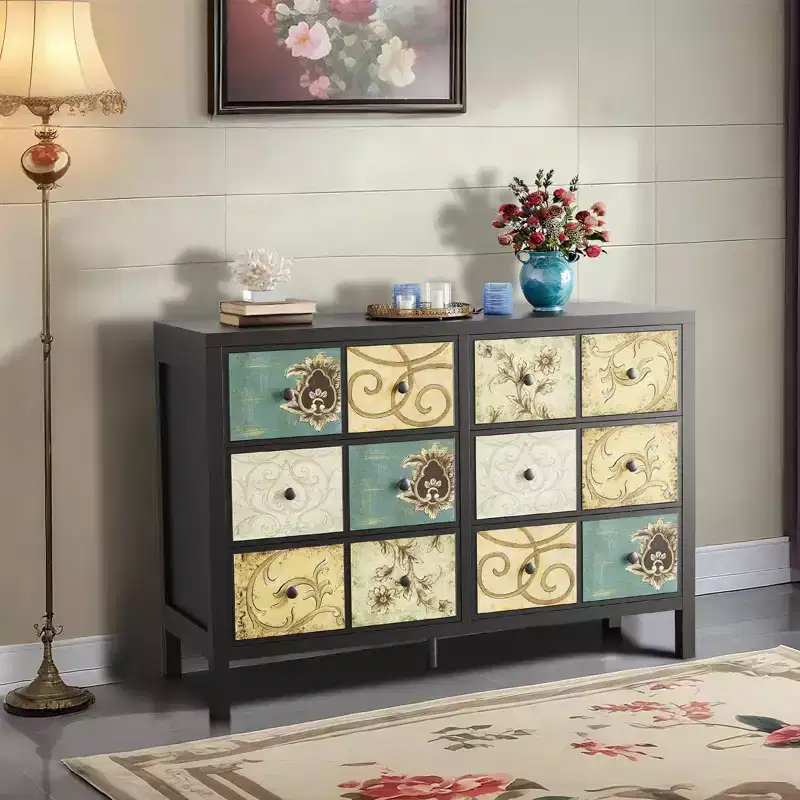 6 Drawers Dresser for Bedroom, Wood Rustic Chest of Drawers with Metal Handle, Retro Floral Pattern Drawer, Farmhouse Dresser for Bedroom