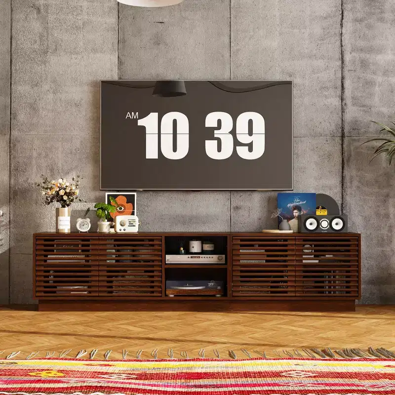 Famapy Rustic Brown Slatted - Door TV Stand Entertainment Center Media Console with Ample Storage