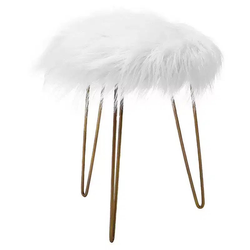 BirdRock Home Round Faux Fur Foot Stool Ottoman - White with Pale Gold Legs