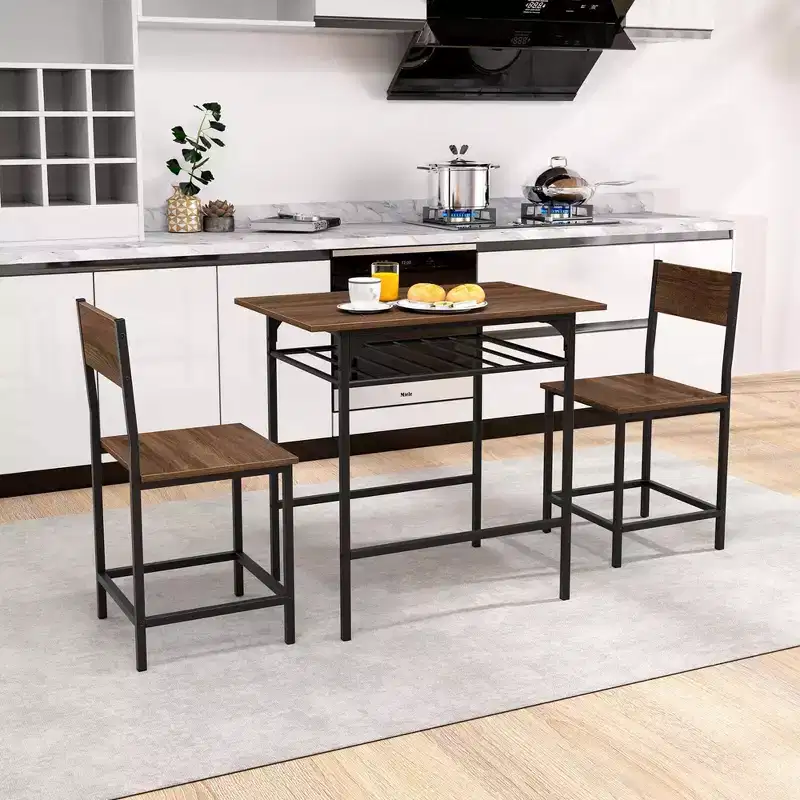 Costway 3-Piece Wood Rectangular Table & Chair Set Dining Table Set with Metal Frame Brown/Gray