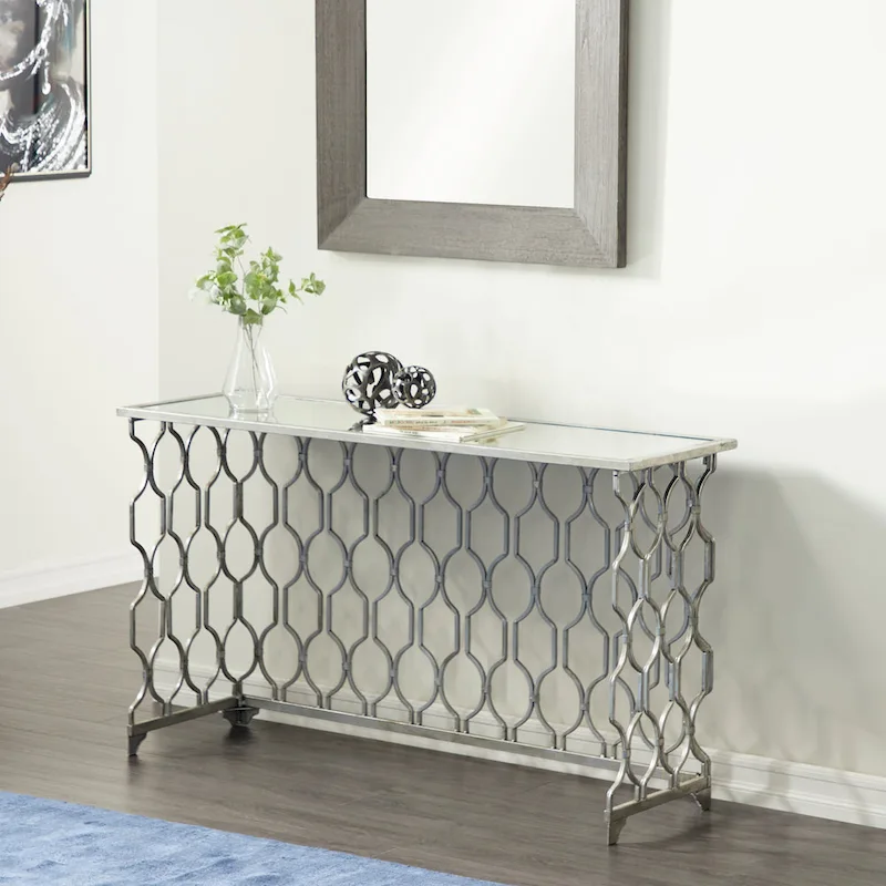 Metal Geometric Console Table with Mirrored Glass Top - Silver - 18Wx55Lx32H