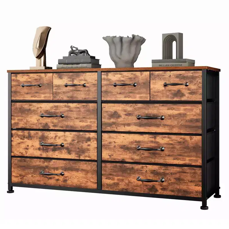 Wide Rustic Brown 10-Drawer Fabric Storage Chest of Drawers