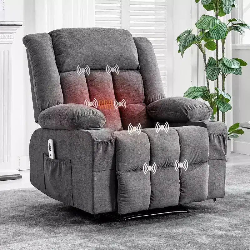 Large Recliner Chair, Manual Reclining Sofa with Massage and Heat, Comfy Sofa Chair with 3 Positions, 2 Side Pockets, 2 Front Pockets and 2 Cup Holder