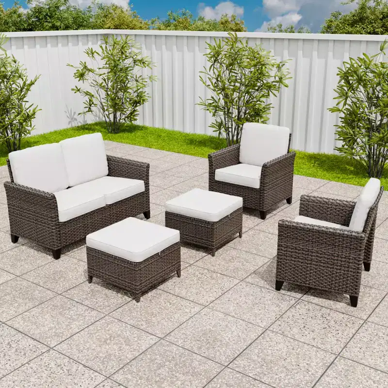 EAGLE PEAK Ocean Vista 5 piece Patio Variated Brown Wicker Conversation Set Dining Chairs & Loveseat