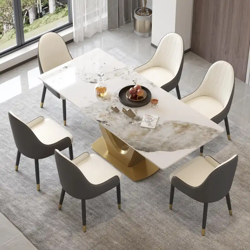 V Shape Pedestal Modern Marble Dining Table Slate Kitchen Table