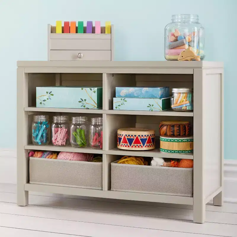 Kids' Double Open Storage: Children's Wooden Arts and Crafts Supply Organizer with Fabric Bin Storage