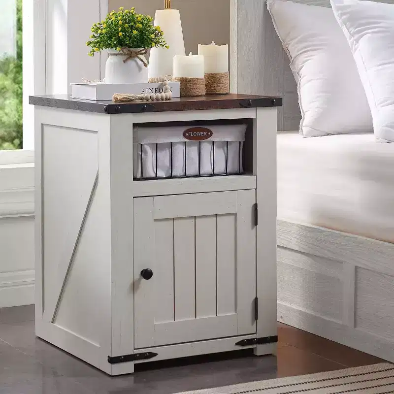 Nightstand with Charging Station, 20 Farmhouse End Table w/Groove Barn Door & Adjustable Shlef for Bedroom
