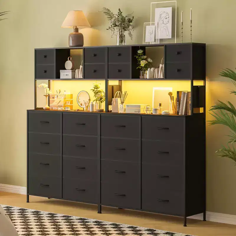 Dresser for Bedroom, 12-Drawer Fabric Chest with Lighting, Power Outlet and Open Shelves, Wood Top & Metal Frame