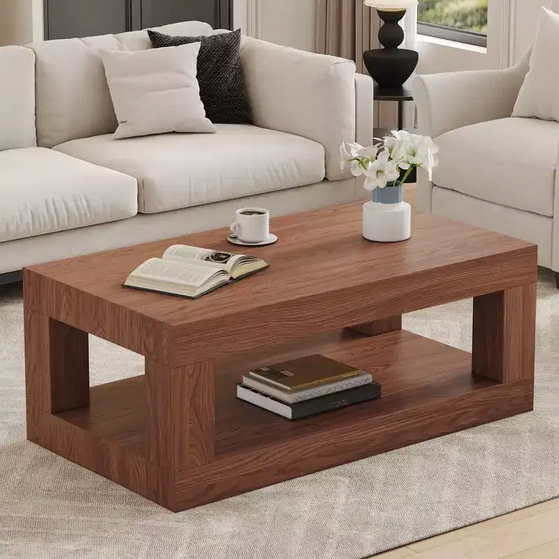 Modern Rectangular 2-Tier MDF Coffee Table, Open Storage Shelf Stable Durable Table for Living Room Furniture