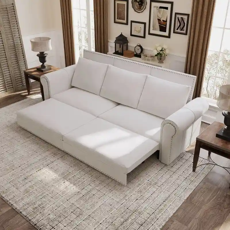3-in-1 King Pull Out Sofa Bed Chesterfield Sofa, Velvet/Faux Leather Convertible Sleeper Sofa with Nailhead Trim & Rolled Arm