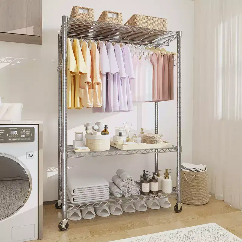 3 Tier Rolling Clothes Rack with Wheels, Heavy Duty Garment Rack with Adjustable Shelves & Double Hanging Rods