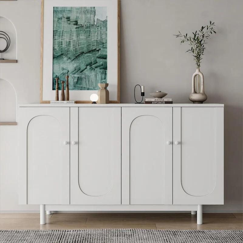 Stylish and Functional 4-Door Intaglio Storage Cabinet with Pine Legs