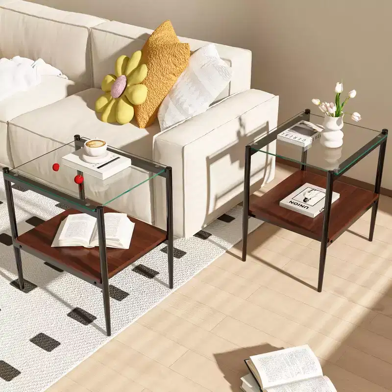 Modern End Table with Tempered Glass Tabletop, Set of 2