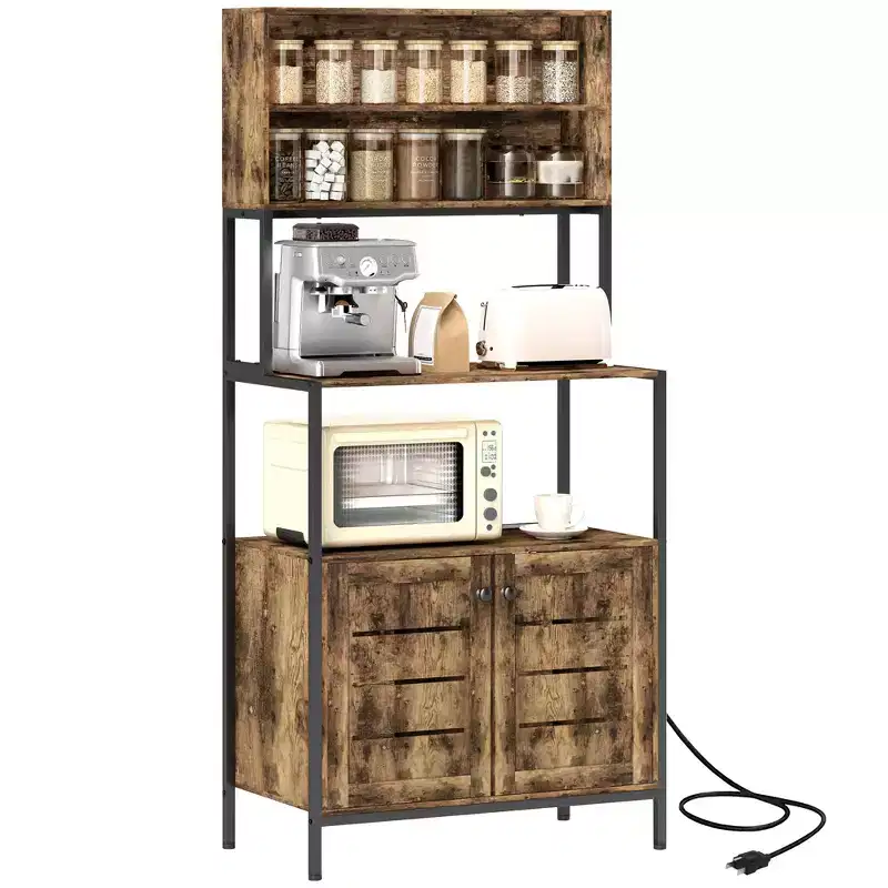 Baker's Rack with Power Outlet, Coffee Bar Cabinet with Storage Shelves, Microwave Stand with Louvred Door Cabinets, Rustic Brown