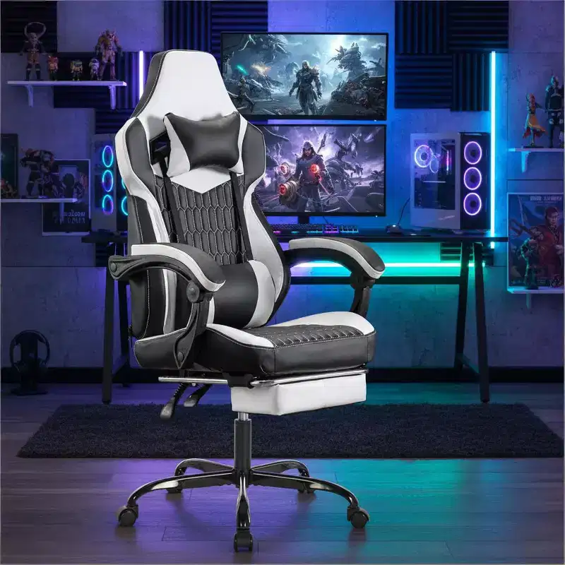 LauKingdom Gaming Chair with Footrest, Ergonomic High-Back Gamer Chair, Adjustable Headrest & Lumbar, PU Leather Racing Style for Office & Home