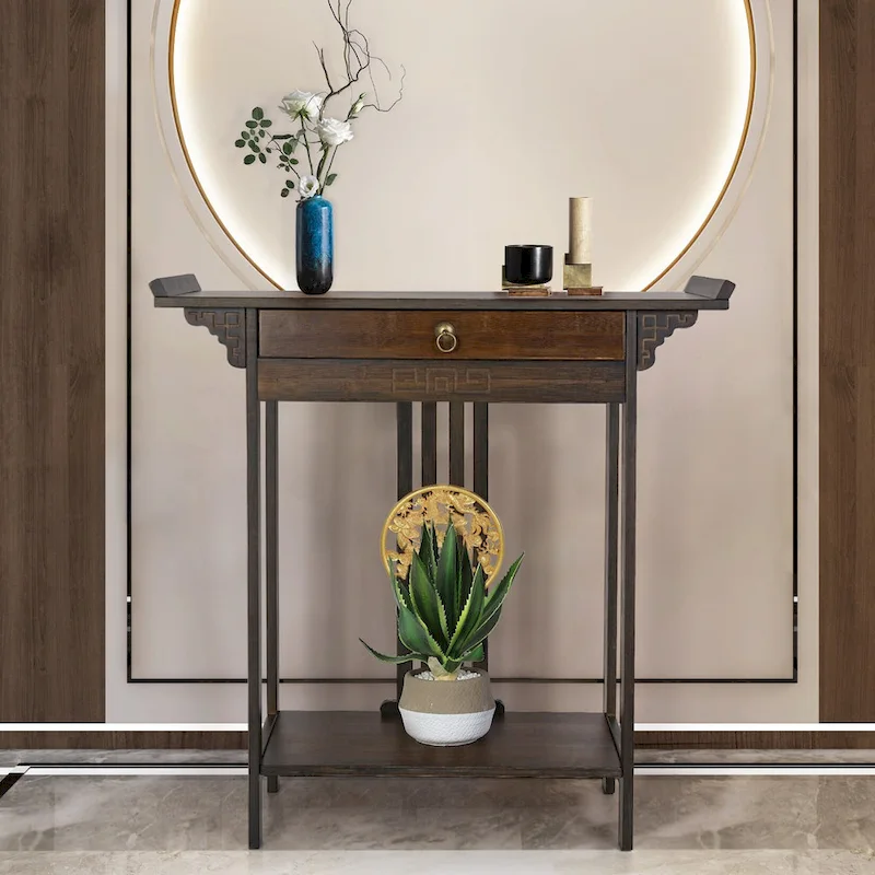 Gold Relief Dragon Totem Brown Console Table Entryway Table with Drawer and Bottom Shelf - 32.09x12.6x32.28
