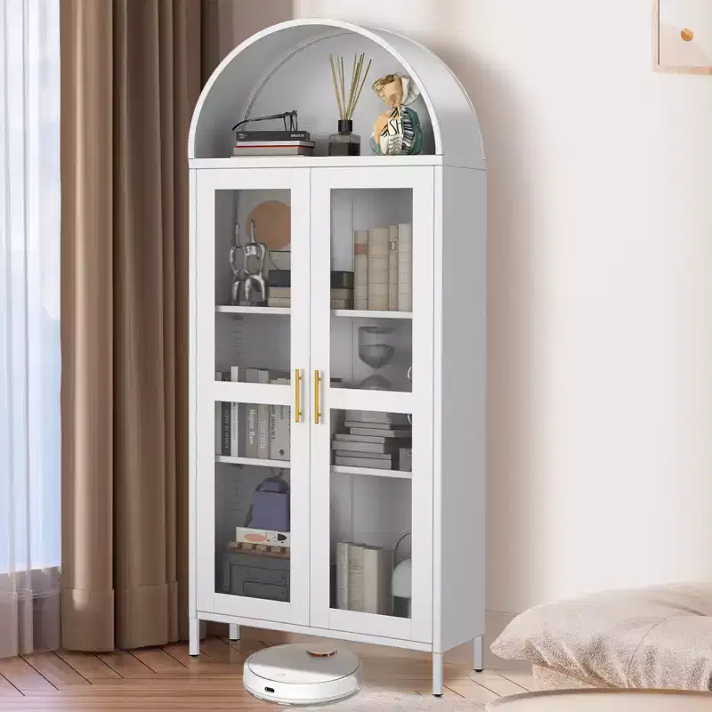 73 Modern Arched Metal Cabinet with Glass Doors & 2 Adjustable Shelves, Arch-Top Storage Unit for Pantry, Living & Dining Rooms