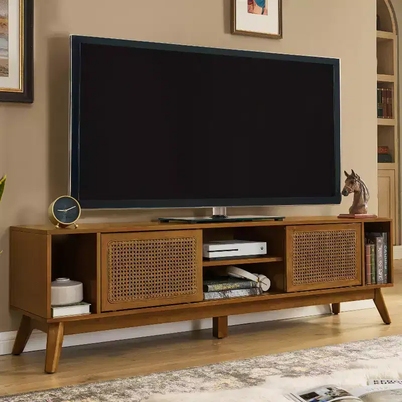 GDFStudio Mandel Mid-Century Modern 67.9 Wood and Rattan TV Stand with 2 Sliding Doors