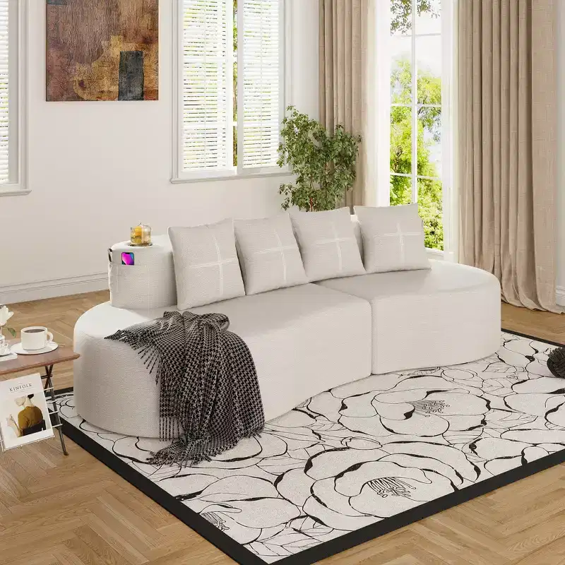 Curved Modular Sectional Sofa, 3 Seat Sofa with Cup Holders, Side Pocket & 4 Pillows for Living Room, Office, Apartment - ModernLuxe