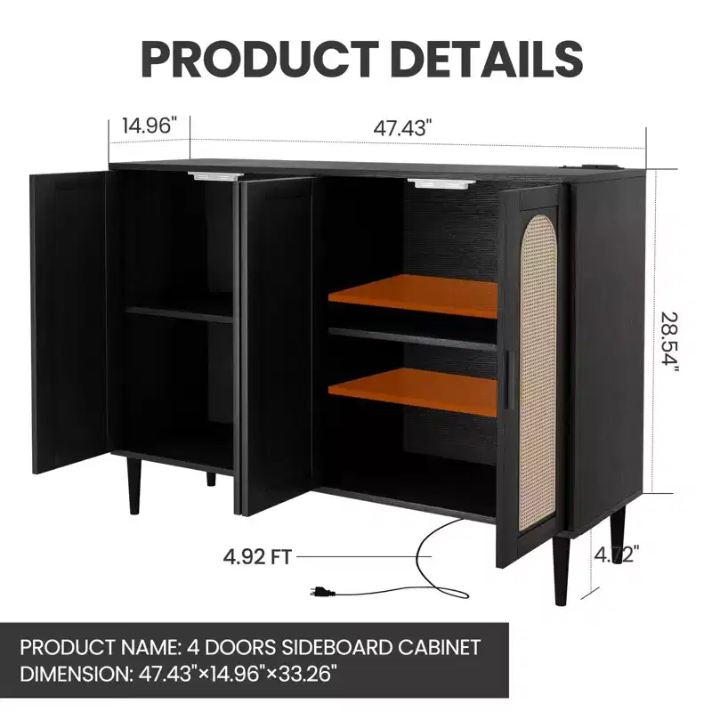CuisinSmart Rattan Sideboard Buffet Cabinet, Boho Storage Cabinet, 4 Doors Coffee Bar with Power Outlet for Kitchen Dining Room Living Room