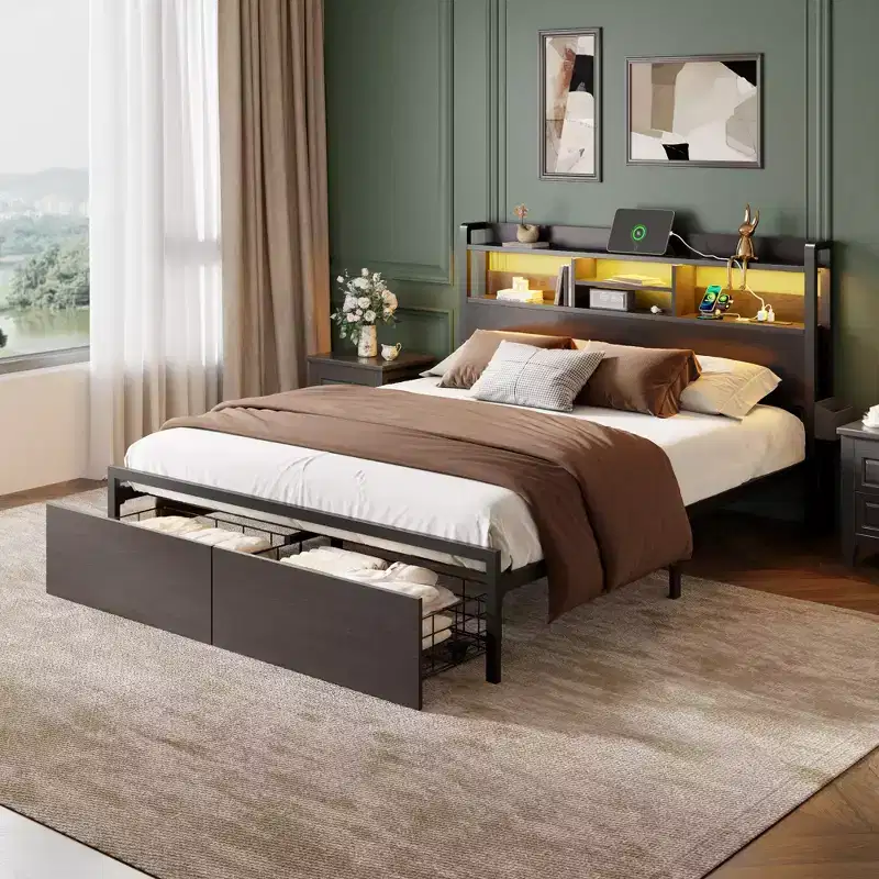 Queen Size Platform Bed Frame With 2 Storage Drawers Wood Headboard Shelf LED Lights Charging Station Black Metal Support No Box Spring Needed Home