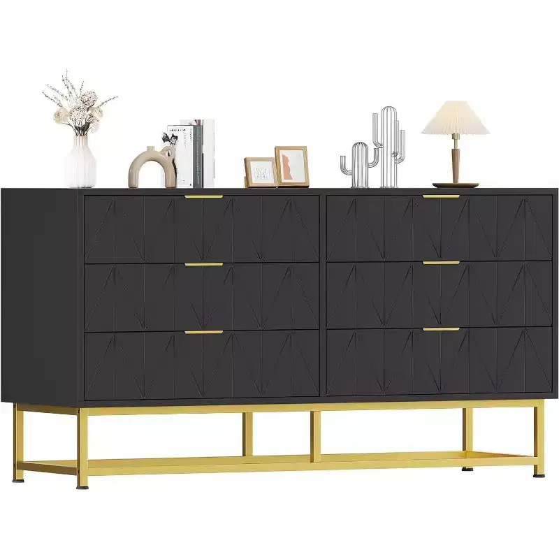 6 Drawer Dresser with Wide Storage, Wood Dresser Chest Organizer with Metal Legs, Dressers & Chests of Drawers for Bedroom, Living Room, Hallway
