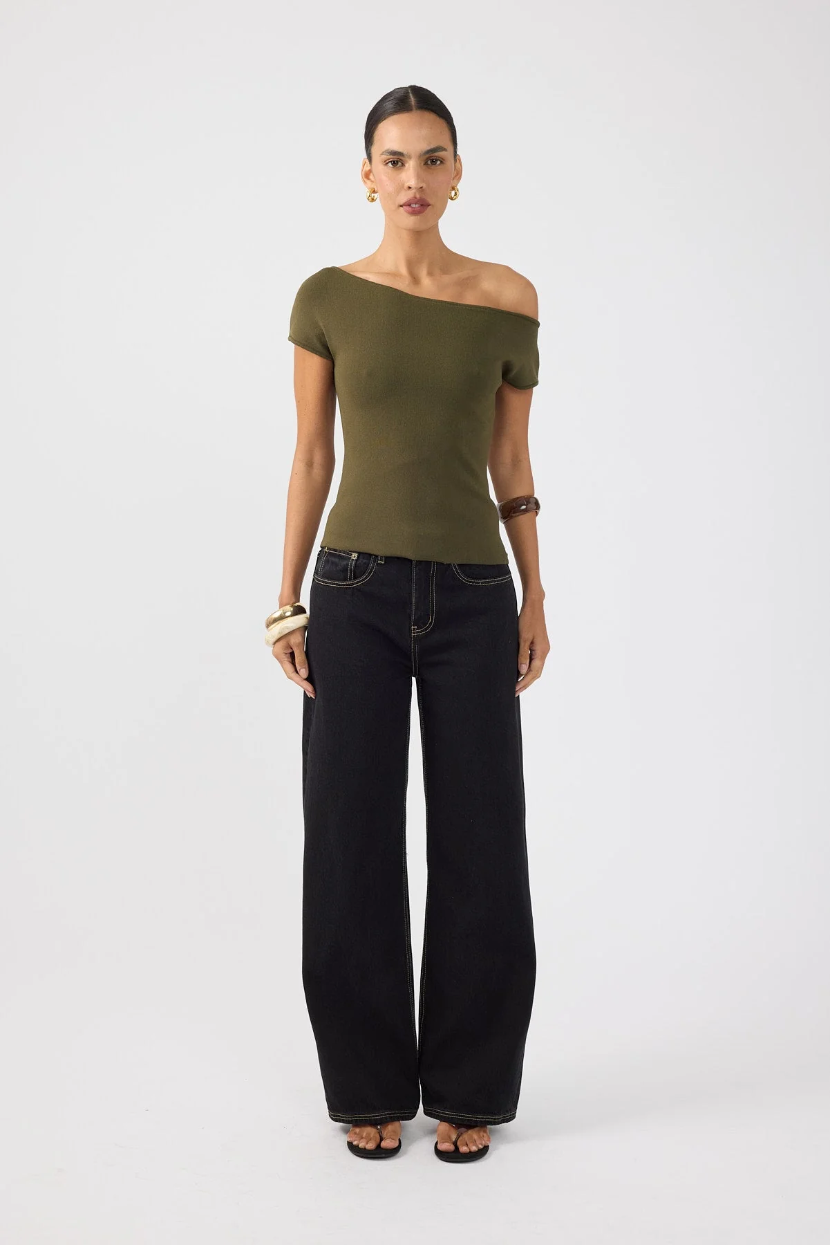 One Shoulder Knit Top Khaki