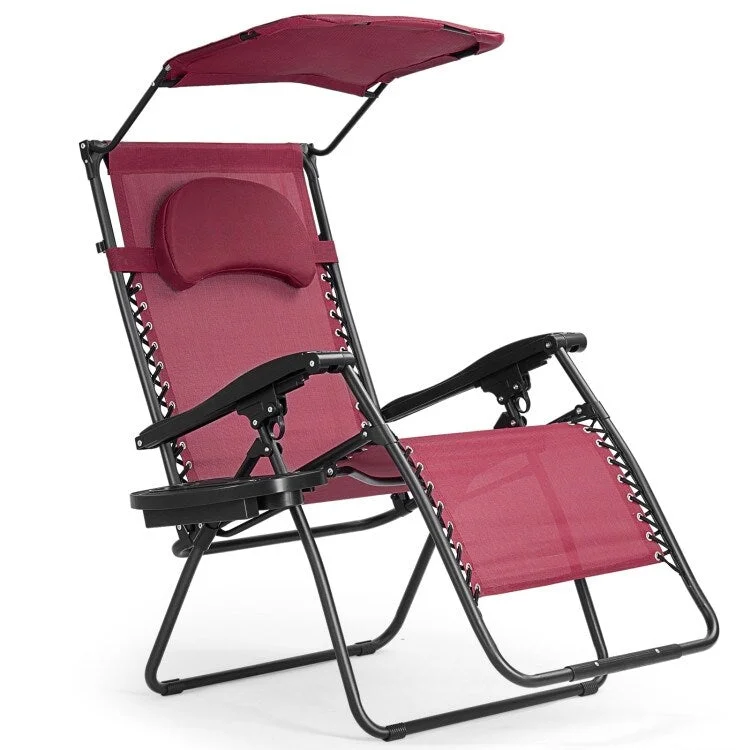 Portable Reclining Lounge Chair with Sunshade, Cup Holder, and Folding Design - Dark Red