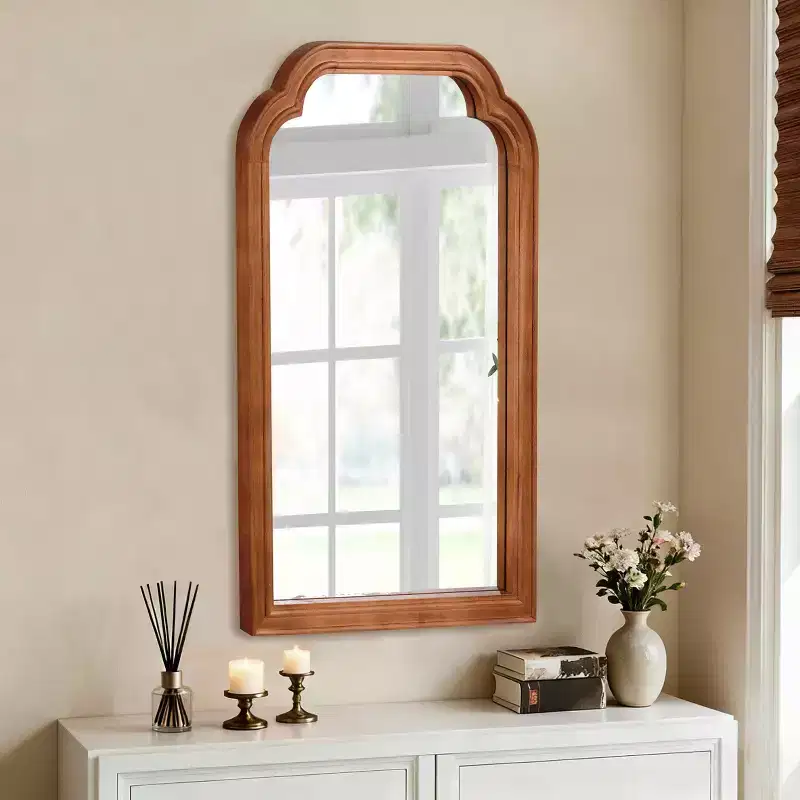 24 x 36 Solid Wood Frame Rounded Corner Decorative Mirror for Bedroom, Bathroom, Living Room, Yellowish Brown