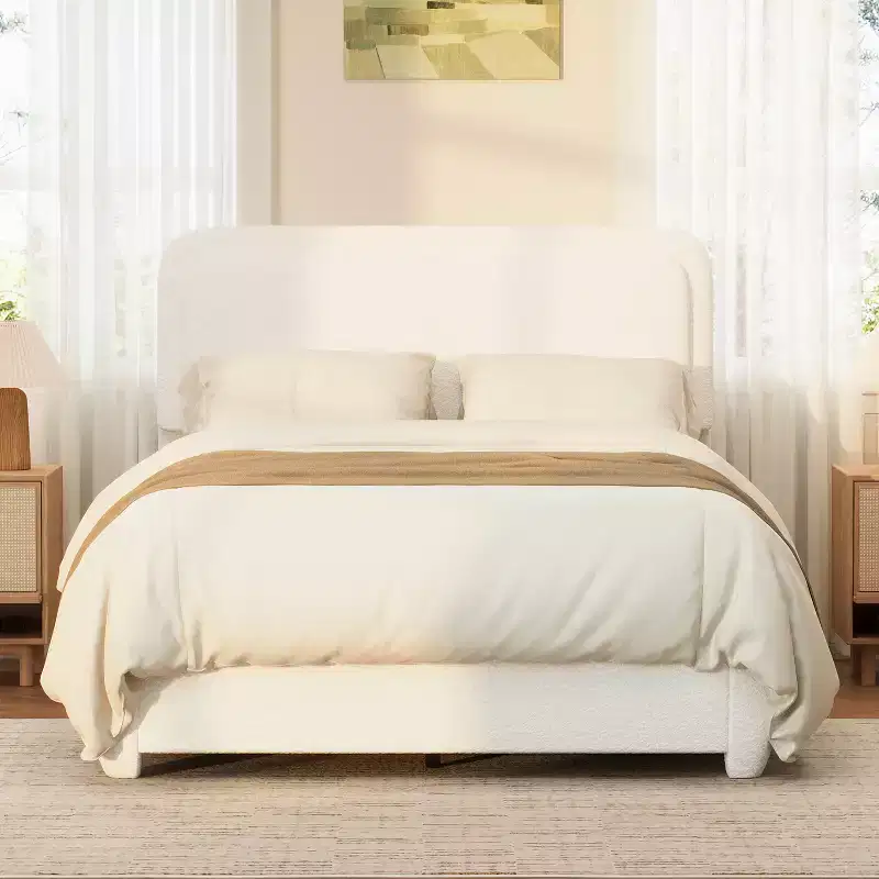 GDFStudio Cloudmere Moden Boucle Upholstered Platform Bed with Adjustable Curved Headboard