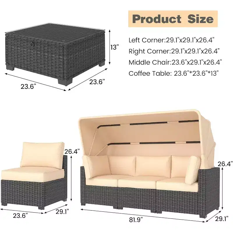Patio Furniture Set, 6pcs Outdoor Rattan Wicker with Retractable Canopy & Soft Cushions, Sectional Sofa & Table with Storage, Beige Cushions