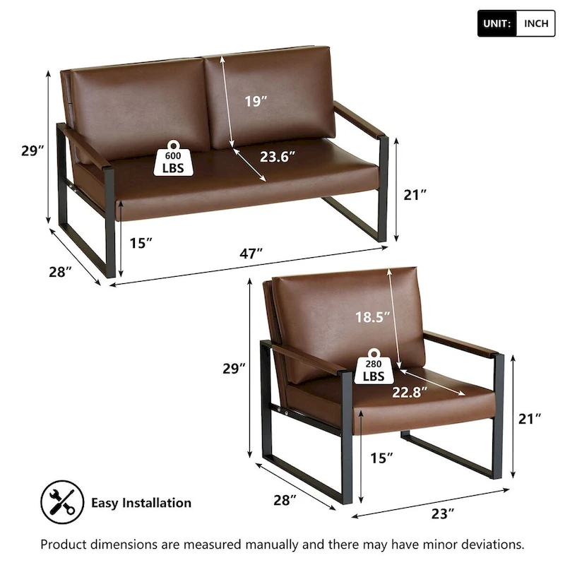 Mieres Mid-Century Style 3-Piece PU Leather Living Room Sofa Set Including 2 Armchairs and 1 Loveseat Sofa