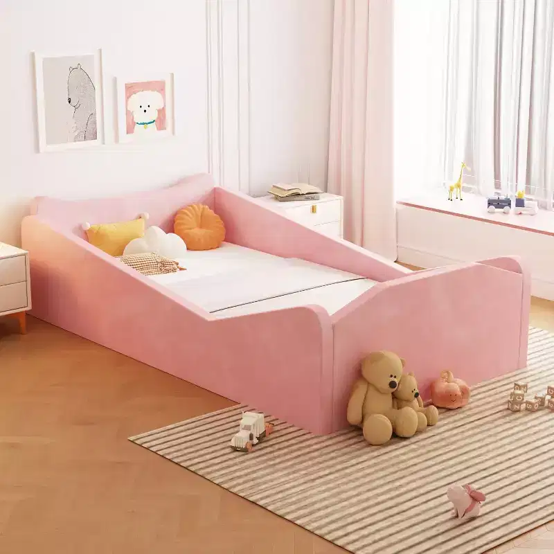JOYMOR Toddler Bed, Floor Bed with Safety Guadrail, Montessori Toddler Bed with Animal Ear Shapes, Pink