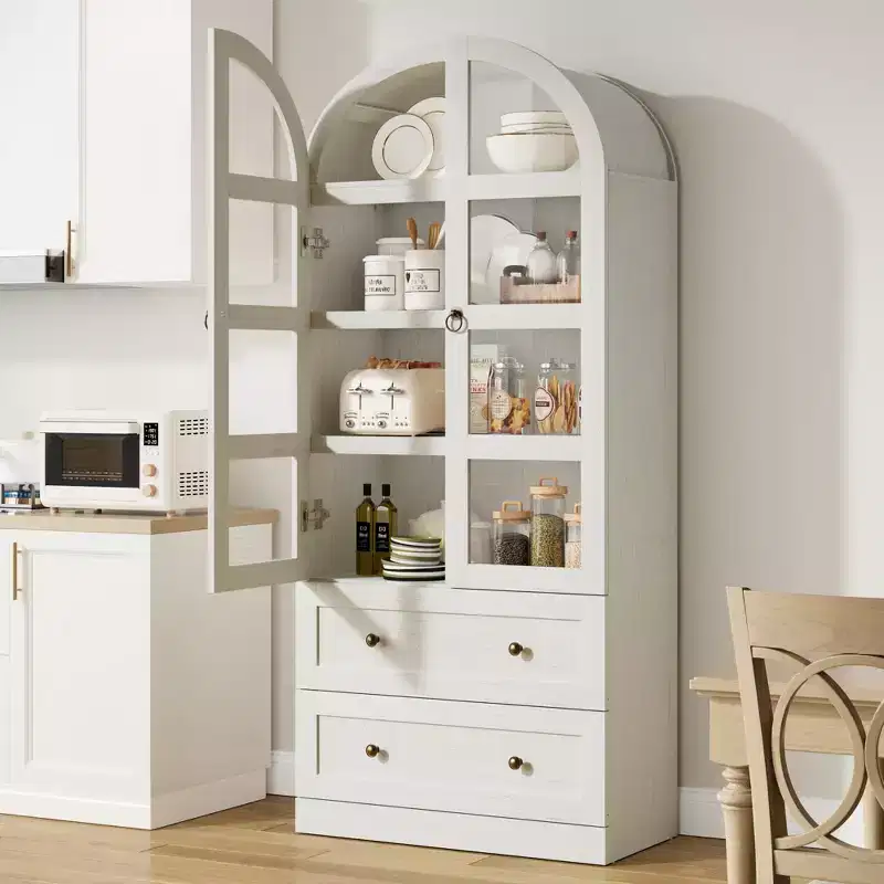Tall Farmhouse Kitchen Pantry Cabinet with Arched Door & 2 Large Drawers, Easy Assembly