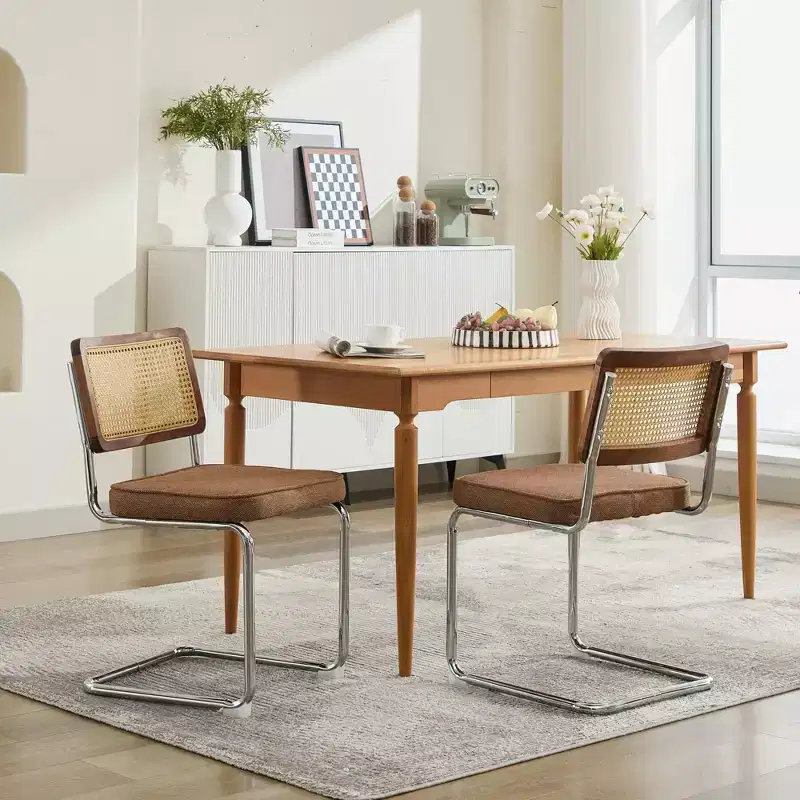 2Pcs Modern Dining Chairs with Linen Seat, Rattan Back & Chrome Base