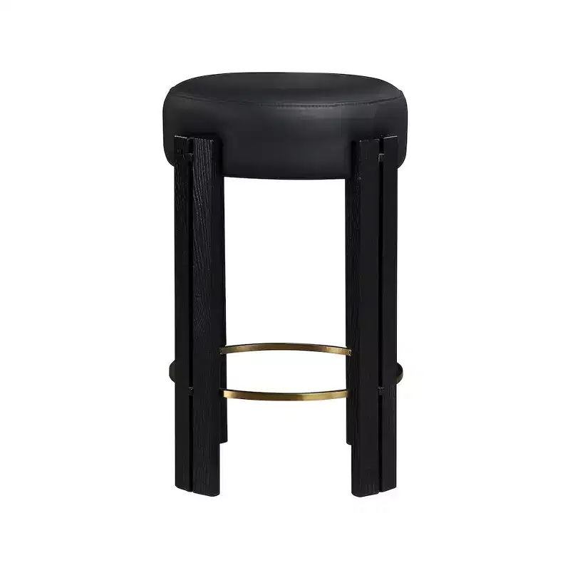 Black Vegan Leather Counter Stool with Brushed Brass Footrest