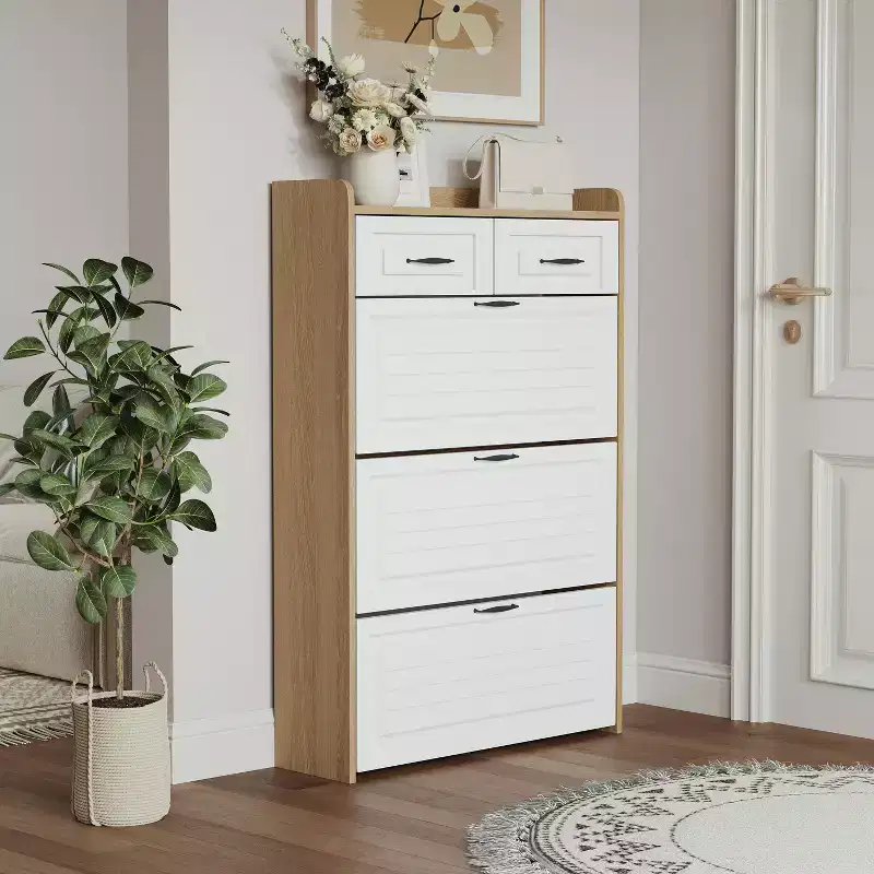 Shoe Cabinet with 3 Rotating Doors & 2 Drawers – White & Oak, Holds 18–24 Pairs
