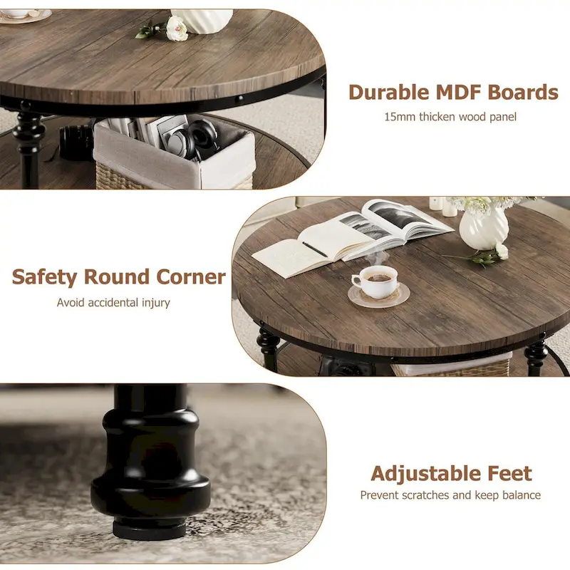 Round Coffee Table with 2-Tier Shelf, 30.31