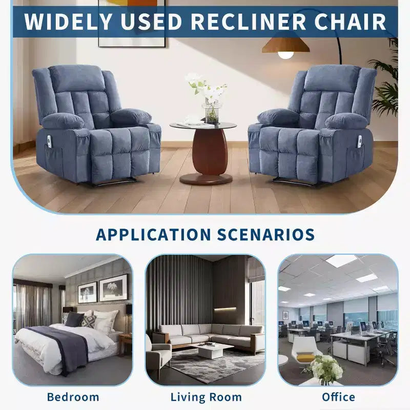 Large Recliner Chair, Manual Reclining Sofa with Massage and Heat, Comfy Sofa Chair with 3 Positions, 2 Side Pockets, 2 Front Pockets and 2 Cup Holder