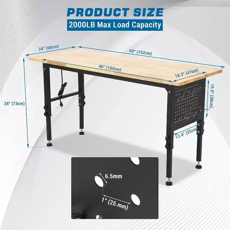 48x24 Heavy Duty Workbench, Rubber Wood Top, Pegboard, Power Outlet, Lockable Wheels, Adjustable Height, 2000lbs for Garage Workshop