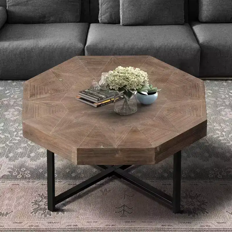 Wood Octagon Vintage Patchwork Craft Farmhouse Wooden Tabletop Cross Metal Legs Coffee Table For Living Room