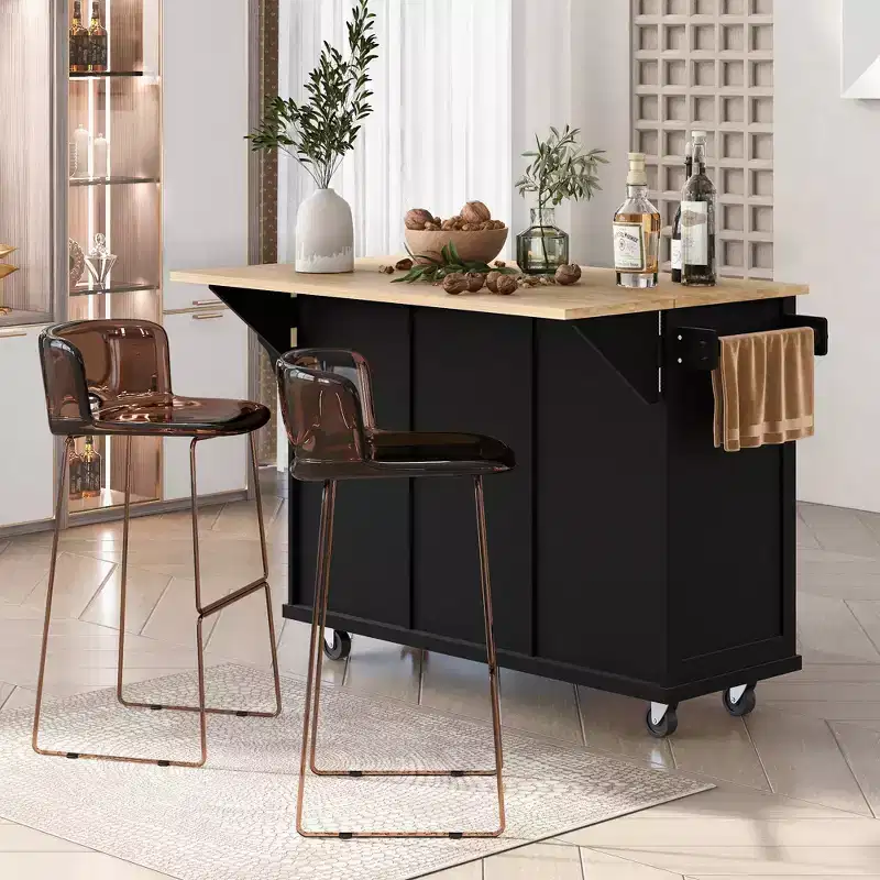 Drop-Leaf Countertop Kitchen Island, Kitchen Cart with 5 Wheels, Storage Cabinet and 3 Drawers