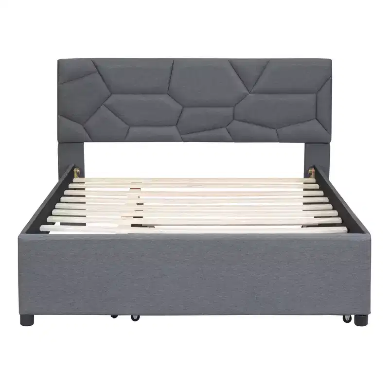 MAYEERTY Full Size Upholstered Platform Bed, Brick Pattern Headboard Twin Trundle Linen Fabric, Bedroom, Gray