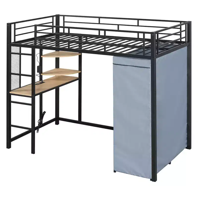 Loft Metal Bed with Desk, Shelves, Power Outlet, LED Light and Wardrobe