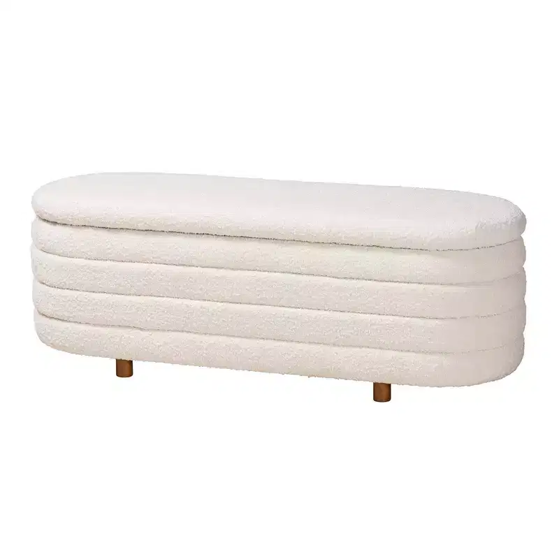 Japandi-Inspired Lift-Top Storage Bench, Cream Fabric Seat, Walnut Brown Wood Frame