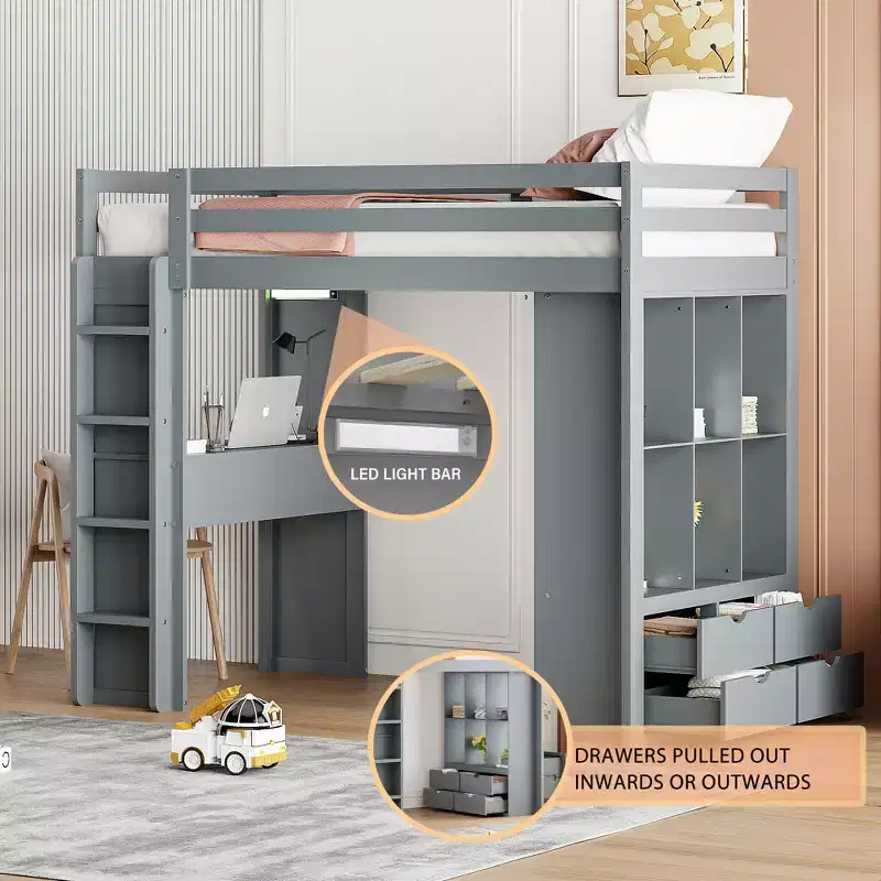 Twin/Full Size Loft Bed with Desk and LED Light, Solid Wood Loft Bed Frame with Shelves & Ladder - HABITRIO