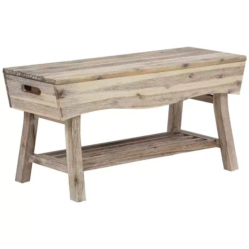 Solid Hardwood Bench with Storage Shelf and 4 Panels, 36x15.25x17.3 Inches, White Washed Finish