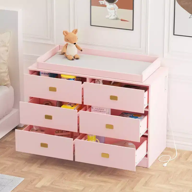Acekool 6 Drawer Dresser with Changing Table Top, Wide Chest with Power Outlets, Removable Changing Pad, Nursery Storage Organizer for Infant, Pink